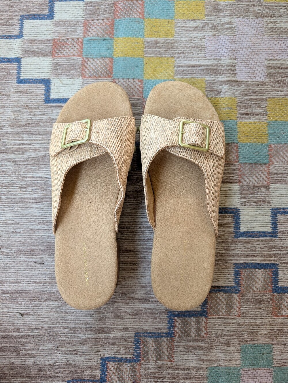 American Eagle Outfitters Beige Slide Sandals with Gold Buckle